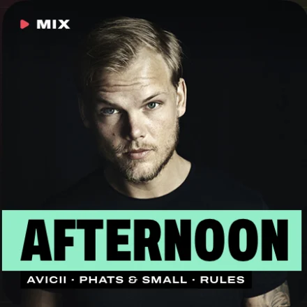 An Afternoon Mix cover drawn by Aura: a portrait of Avicii, the name in a band, Avicii, Phats & Small and Rules beneath